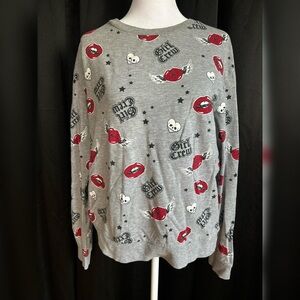 H&M Gray Sweatshirt & Hoodie with Cartoon Pattern and Red Accents